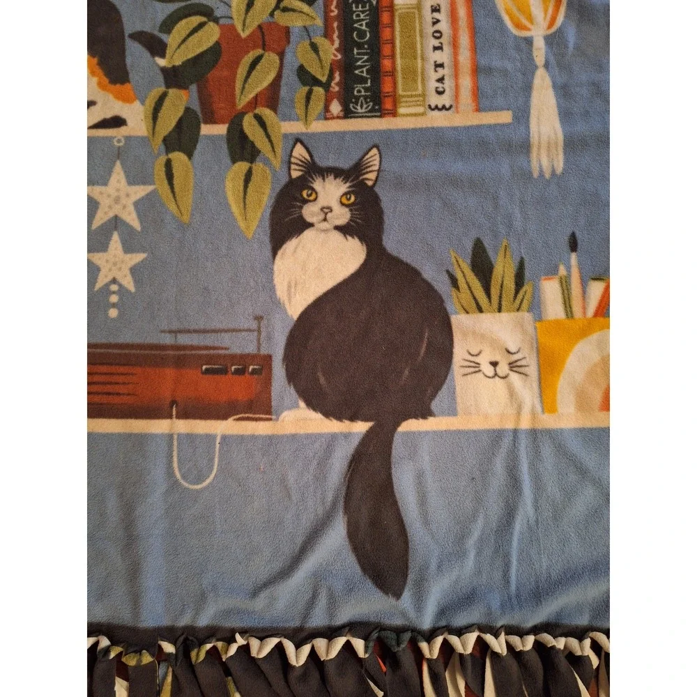 Handmade Fleece Tie Blanket Cats Books Plants Library Print Blue Throw 58